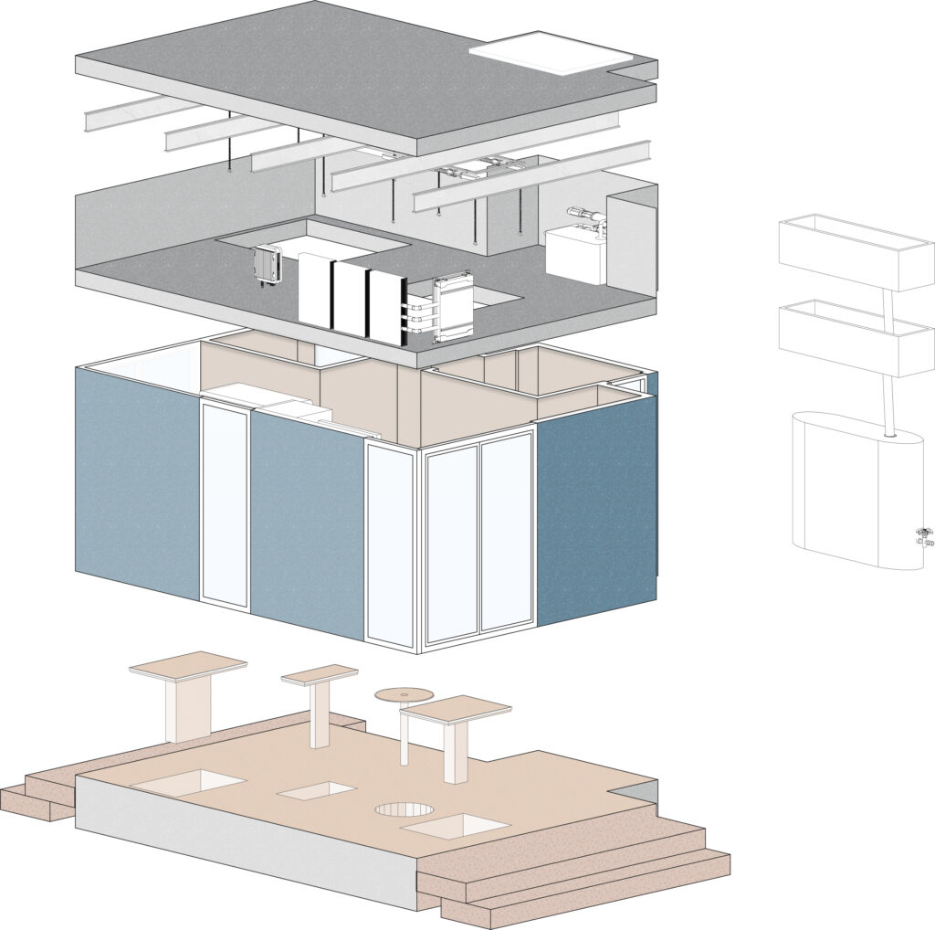 Esploso assonometrico con identificazione degli elementi costitutivi la micro-casa